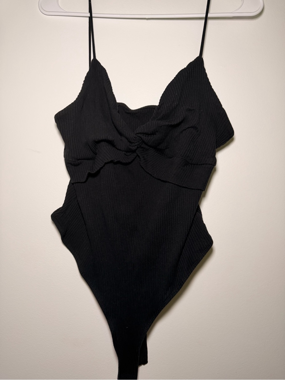 Shein Curve ribbed black twist front spaghetti sleeveless straps thong bodysuit